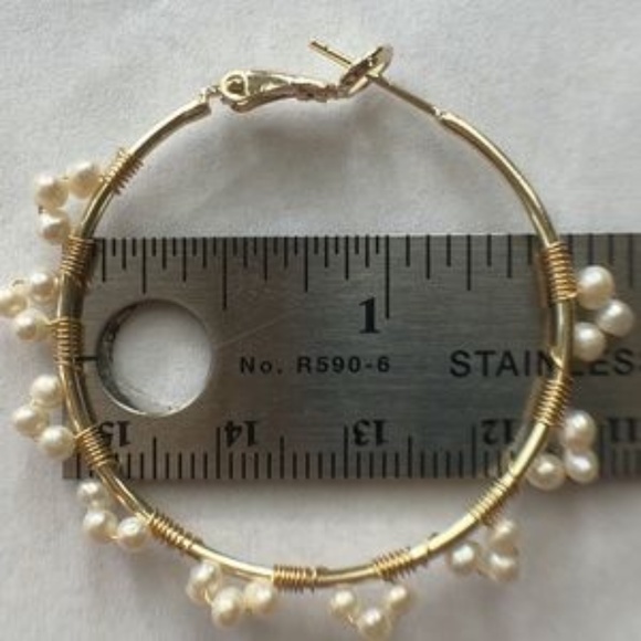 REAL White Cultured Pearl Hoop Earrings - 14K Yellow Gold Plate - Picture 4 of 7